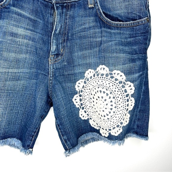 Current Elliot High Rise The Rolled Short Crochet Lace Denim Jean Shorts Frayed - Picture 3 of 16